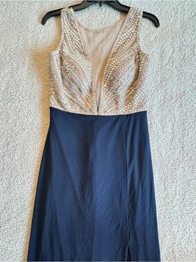 Embellished Cream and Navy Evening Gown - Sleeveless V-Neck